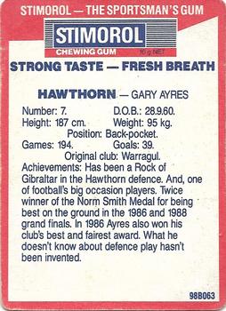 1990 AFL Scanlens Stimorol #2 Gary Ayres Back